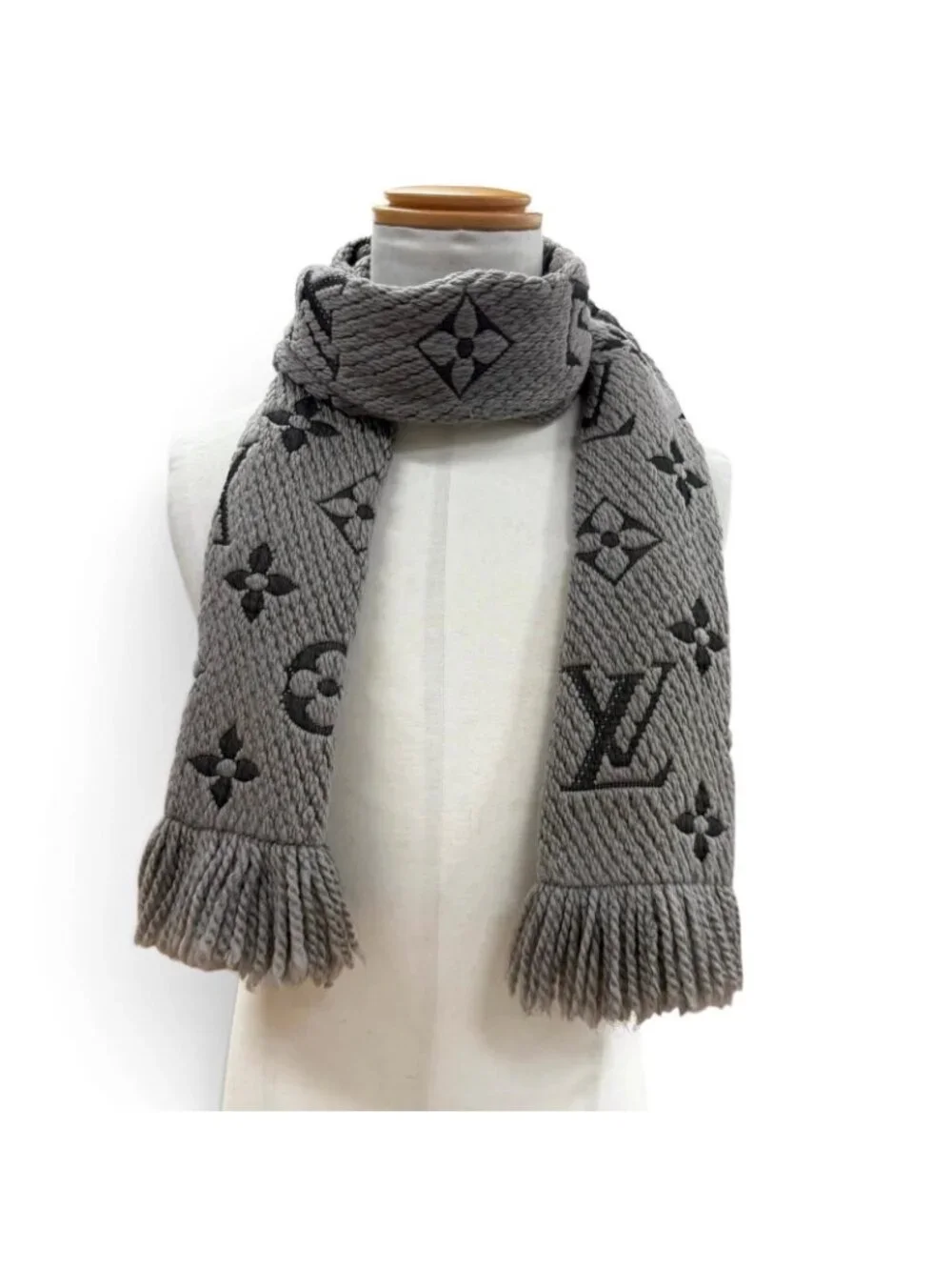 Louis Vuitton Echarpe Logo Mania Monogram Wool Silk Scarf with Fringe Gray